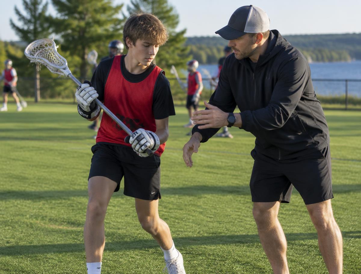 Coach helping a boys lacrosse player practice